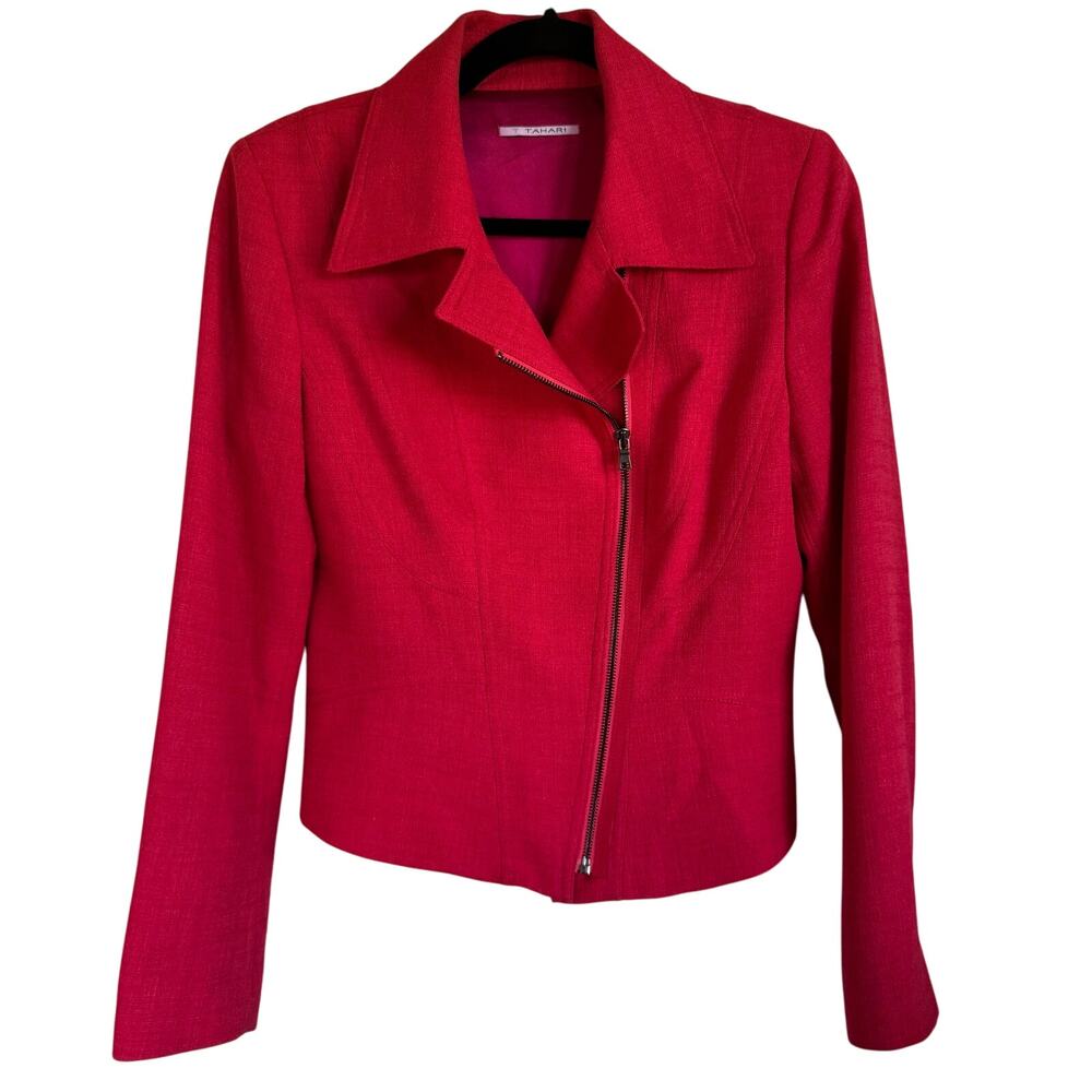 T Tahari Womens Fuchsia Moto Jacket Blazer Full Zip Size 10 Tweed Boucle